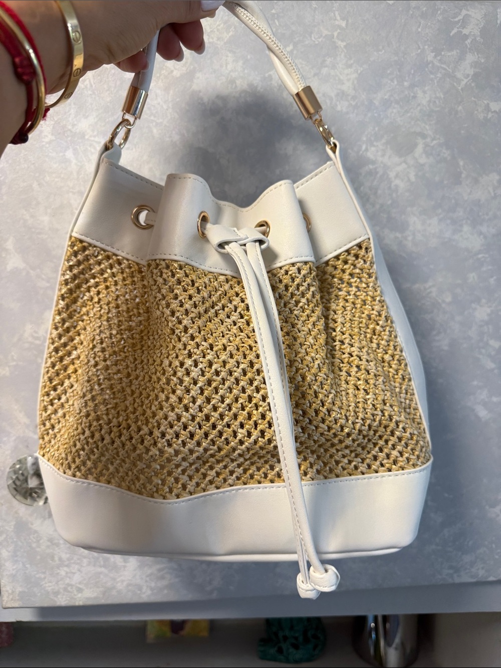 White & Natural Straw Bucket Bag with Drawstring